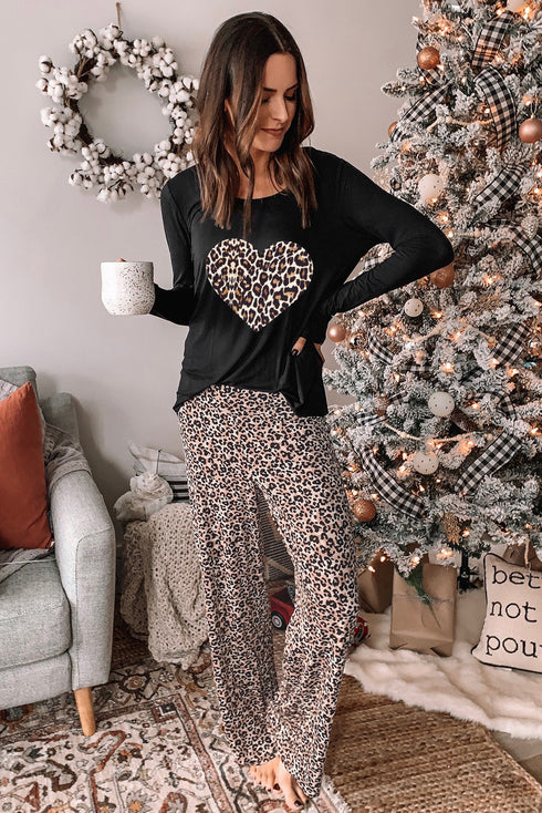 Leopard Heart Print Long Sleeve Top And Pants Loungewear